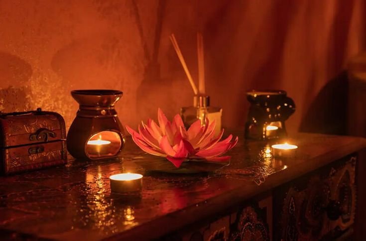 mesa con velas y esencias para una sesion de masaje